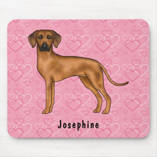 Tapis De Souris Chien Rhodesian Ridgeback Sur Coeurs Rose Avec Nom (Devant)