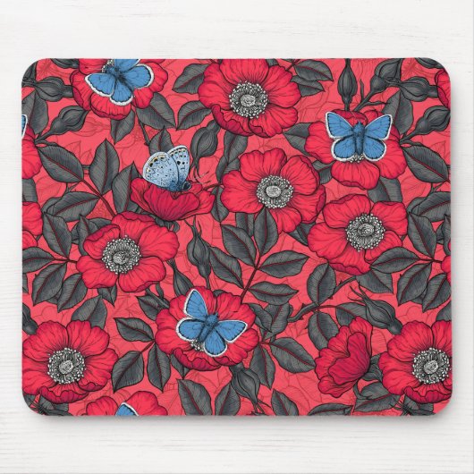 Tapis De Souris Chien rose et papillons en rouge et bleu (Devant)