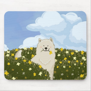 Tapis De Souris Chien Samoyède mignon dans un champ de fleurs jaun