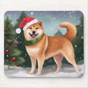 Tapis De Souris Chien Shiba Inu dans la neige Noël