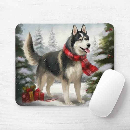 Tapis De Souris Chien sibérien Husky à Noël de neige (Avec souris)