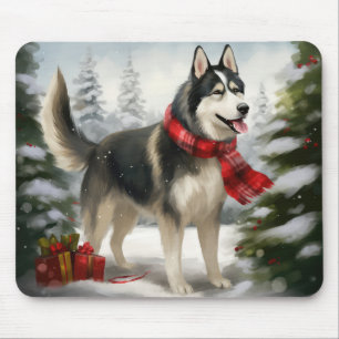 Tapis De Souris Chien sibérien Husky à Noël de neige