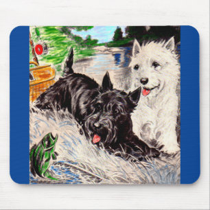 Tapis De Souris Chiens écossais Blackie et Whitie Fishing