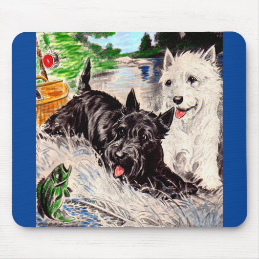 Tapis De Souris Chiens écossais Blackie et Whitie Fishing (Devant)