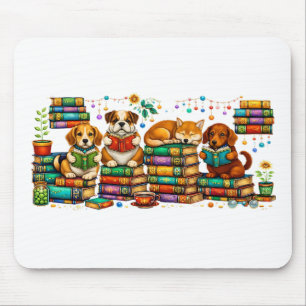 Tapis De Souris Chiens lisant des livres Scène de bibliothèque cos
