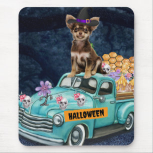Tapis De Souris Chihuahua Chien Halloween Camion Effrayant Nuit