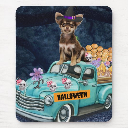 Tapis De Souris Chihuahua Chien Halloween Camion Effrayant Nuit (Devant)