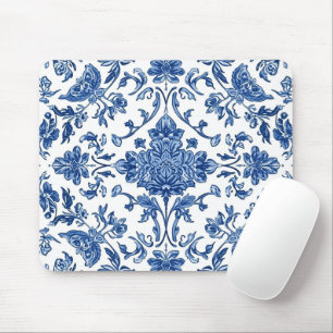 Tapis De Souris Chinoiserie Florale Bleue sur Fond Blanc Aquarelle