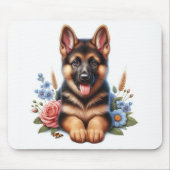 Tapis De Souris Chiot allemand jouant avec fleurs (Devant)