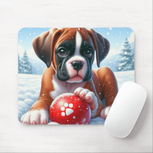 Tapis De Souris Chiot Boxer Jouant Avec un Ballon Rouge en Hiver