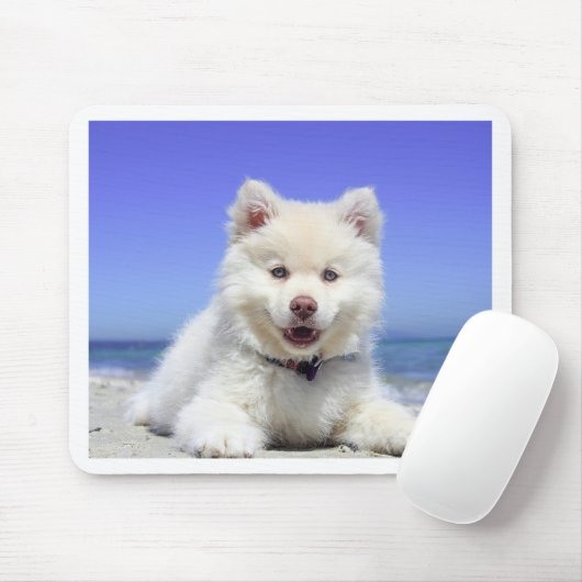 Tapis De Souris Chiot enroué blanc avec des yeux bleus (Avec souris)