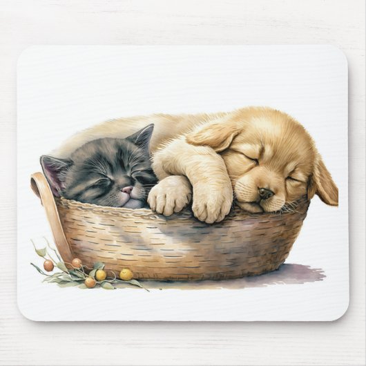 Tapis De Souris Chiot Et Chaton Dans Le Panier (Devant)