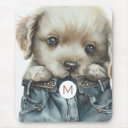Tapis De Souris Chiot mignon en Jeans Art Monogram Mousepad (Devant)