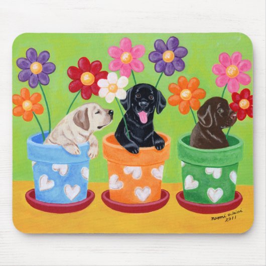 Tapis De Souris Chiots de Labrador de pot de fleur (Devant)