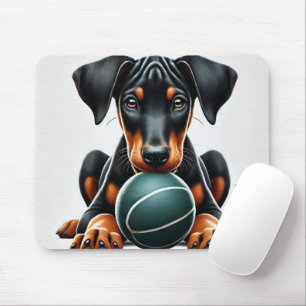 Tapis De Souris Chiots Doberman Pinscher tenant un ballon