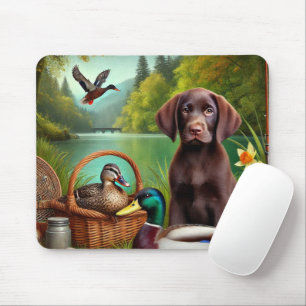 Tapis De Souris Chiots Labrador Chocolat au bord d'un lac avec des