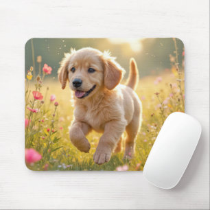 Tapis De Souris Chiots Retriever Doré Dans Un Champ Estival