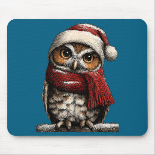 Tapis De Souris Chouette adorable avec chapeau de Père Noël enneig