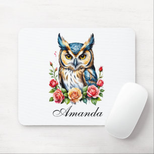 Tapis De Souris Chouette aquarelle avec Fleurs Fille