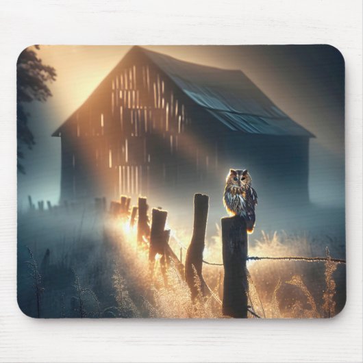 Tapis De Souris Chouette assise sur une clôture de ferme (Devant)