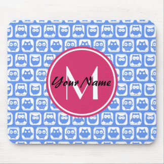 Tapis De Souris Chouette bleue Motif rose Personnalisé Monogramme