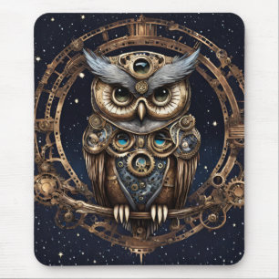 Tapis De Souris Chouette de Steampunk contre le ciel étoilé
