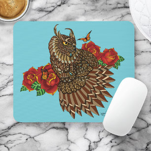 Tapis De Souris Chouette des Roses rouges bleu