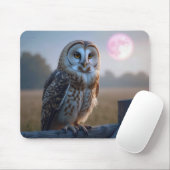Tapis De Souris Chouette sur une clôture avec lune rose (Avec souris)