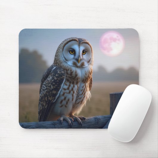 Tapis De Souris Chouette sur une clôture avec lune rose (Avec souris)