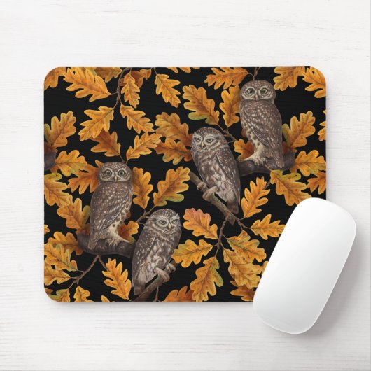Tapis De Souris Chouettes d'automne sur noir (Avec souris)