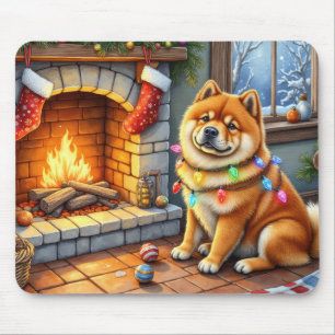 Tapis De Souris Chow Chow Assis Devant une Cheminée avec des Lumiè