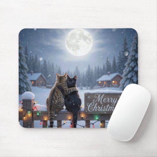 Tapis De Souris Christmas Cats Embracing On a Snowy Fence (Avec souris)