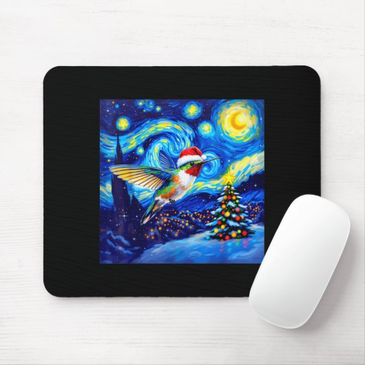 Tapis De Souris Christmas Hummingbird Santa Hat Van Gogh Starry Ni (Avec souris)
