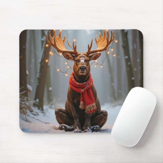 Tapis De Souris Christmas Moose Wearing Scarf and Lights (Avec souris)