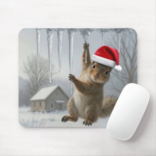 Tapis De Souris Christmas Squirrel Hanging From an Icicle (Avec souris)