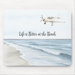 Tapis De Souris Ciel Bleu Plage Océan Côte Avion Blanc