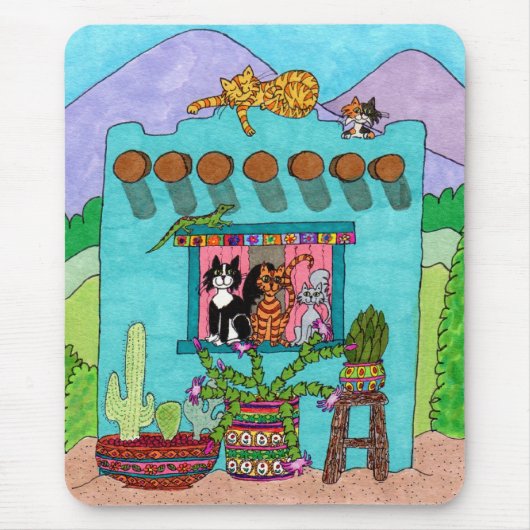 Tapis De Souris Cinq chats dans un Aqua Adobe House (Devant)