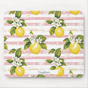 Tapis De Souris Citrons et fleurs vintages sur bandes rose et blan