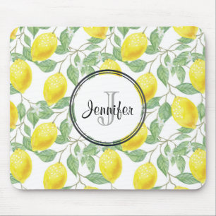 Tapis De Souris Citrons jaunes avec Monogramme Motif vert