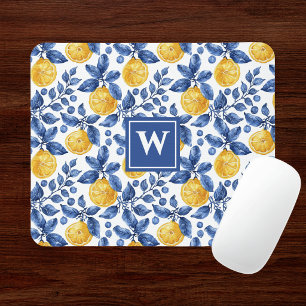 Tapis De Souris Citrons jaunes Bleu Méditerranéen Amalfi Initiale