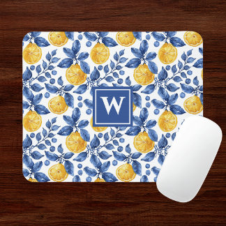 Tapis De Souris Citrons jaunes Bleu Méditerranéen Amalfi Initiale