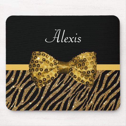 Tapis De Souris Classy Gold Zebra Print FAUX Glitz Bow avec nom (Devant)