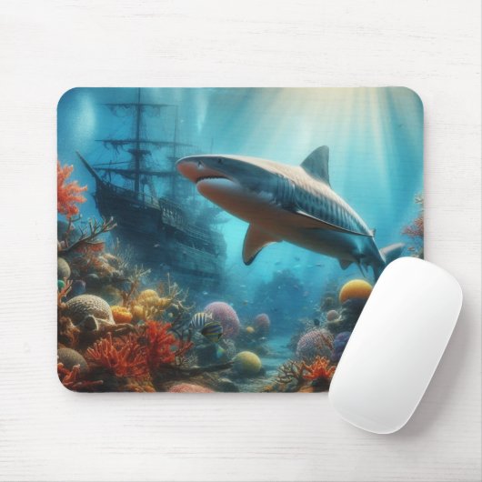 Tapis De Souris Coastal/nautical tiger shark & coral reef (Avec souris)