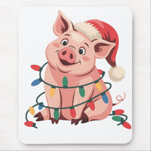 Tapis De Souris Cochon aux lumières de Noël portant un chapeau de