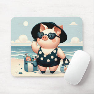 Tapis De Souris Cochon mignon en maillot de bain à pois à la plage