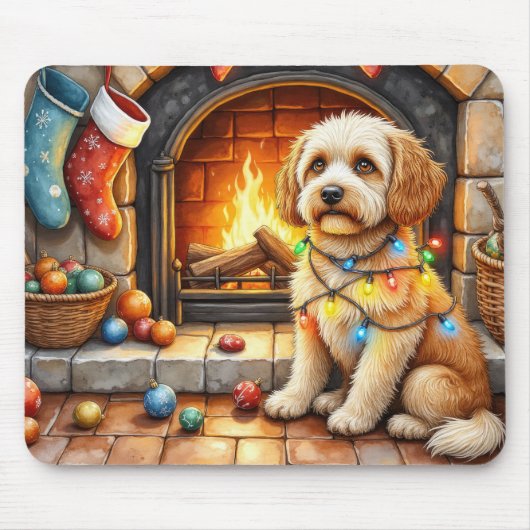 Tapis De Souris Cockapoo assis près de la cheminée avec des lumièr (Devant)