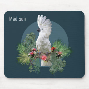 Tapis De Souris Cockatoo Oiseau Fleurs tropicales Nom personnalisé