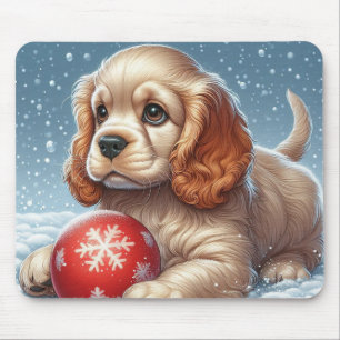 Tapis De Souris Cocker Spaniel Chiot posé sur la neige avec une ba