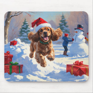 Tapis De Souris Cocker Spaniel courant dans la neige avec un chape