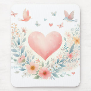 Tapis De Souris Cœur d'aquarelle douce Fleurs d'amour Oiseaux